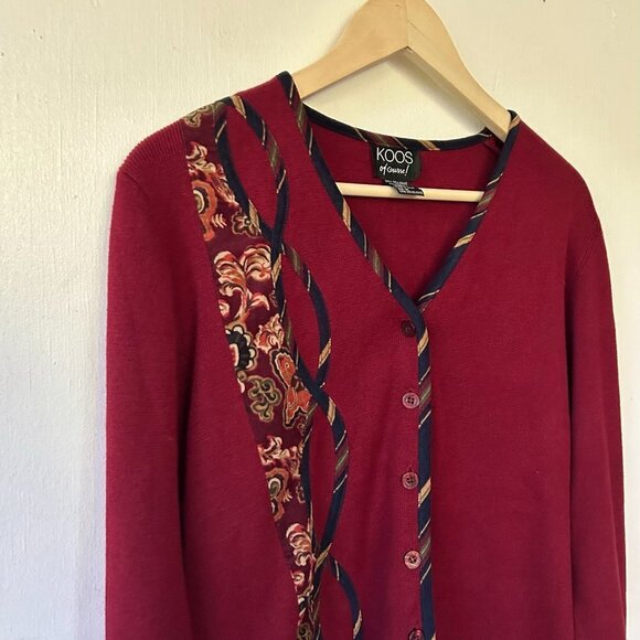 Koos of Course Cardigan Womens Medium Red Floral VTG Knit Sweater Button Front - Picture 2 of 6